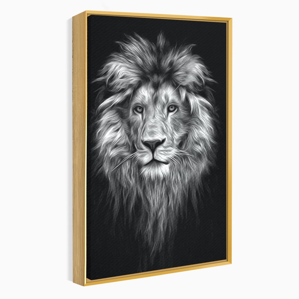 Tablou canvas cu tablou canvas cu leu alb negru, in rama de aluminiu auriu